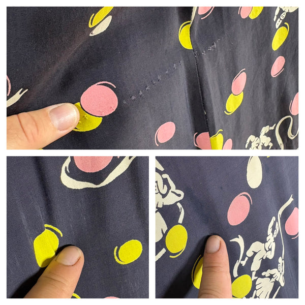 1940s Navy Cold Rayon Novelty Print Dress – Dancing Figures & Abstract Dot Print