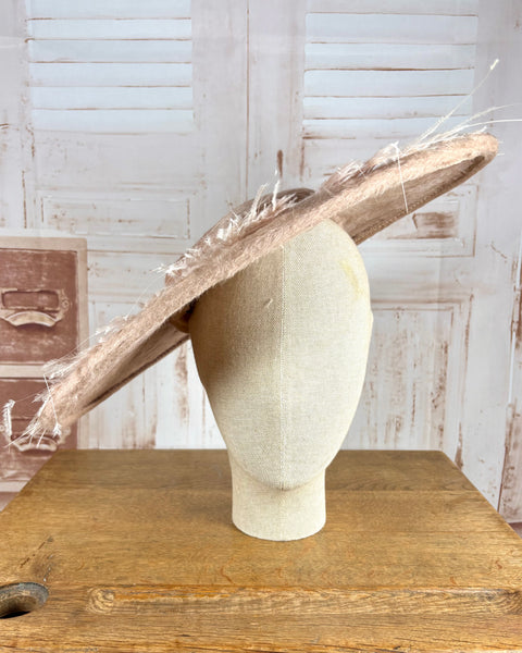Huge Pale Pink Early 1950s Platter Hat With Feather Trim