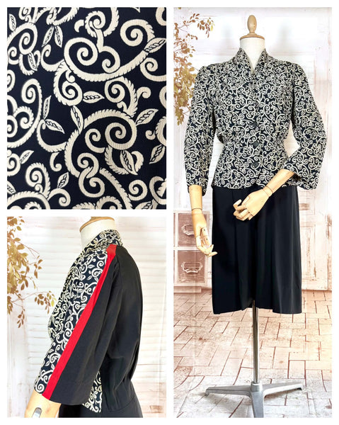 1940s Dress Suit – Scroll Print Jacket with Red Shoulder Stripe Dress