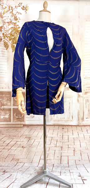 1930s Royal Blue Gold Lamé Chevron Coat | Statement Sleeve Antique Evening Coat