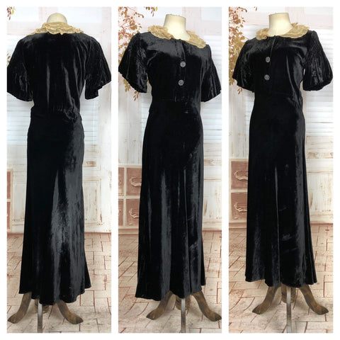 Stunning Original 1930s Vintage Black Velvet Dress With Lace Collar And Amazing Sleeves