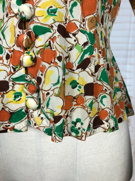 Gorgeous Original Late 1930s / Early 1940s Vintage Autumn Shades Crepe Blouse