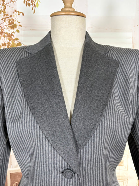 Sharply Tailored 1940s Grey Pinstripe Skirt Suit with Contrast Lapels