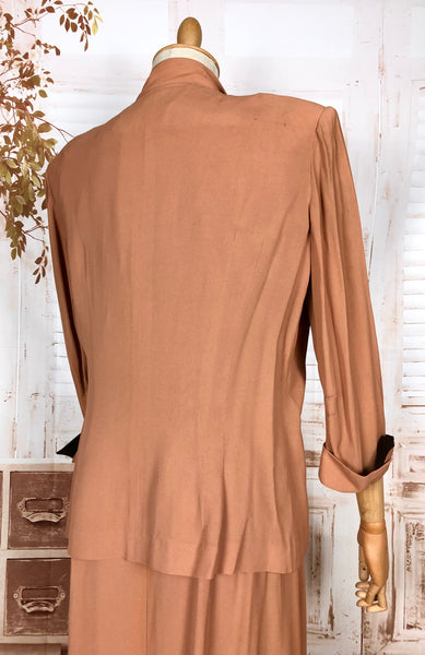 Incredible Original 1940s Volup Dress Suit In Tan With Chocolate Brown Accents