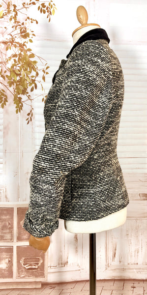 Late 1940s Black & Cream Bouclé Tweed Sports Blazer – Velvet Collar – Jancourt Petite Sports