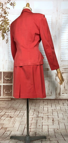 Incredible Original 1940s Vintage Coral Red Gabardine Skirt Suit By Jaunty Juniors