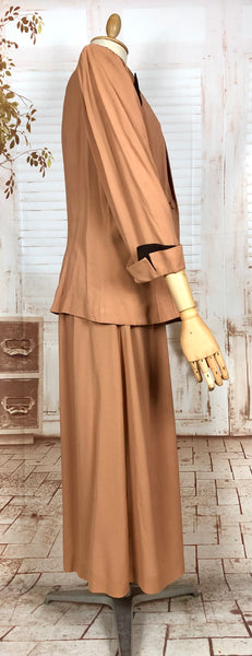 Incredible Original 1940s Volup Dress Suit In Tan With Chocolate Brown Accents