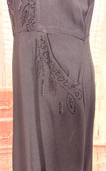 Exquisite Black Beaded 1940s Cocktail Dress