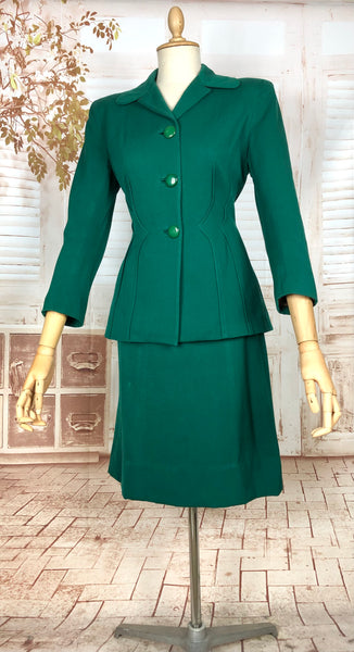 Amazing Original 1940s Vintage Emerald Green Gabardine Skirt Suit