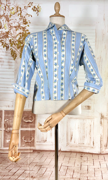 1950s Blue Floral Stripe Cotton Jacket Blouse