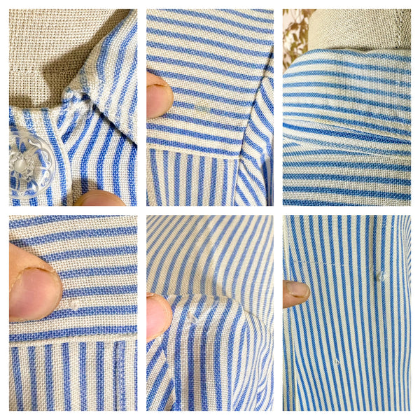1940s Volup Blue & White Striped Blouse – Gathered Shoulders & Cross-Cut Patch Pocket