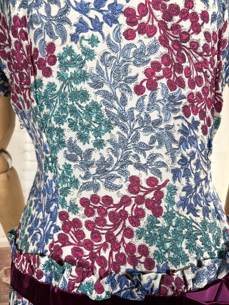 Late 1930s / Early 1940s Tiered Floral Day Dress with Velvet Trim