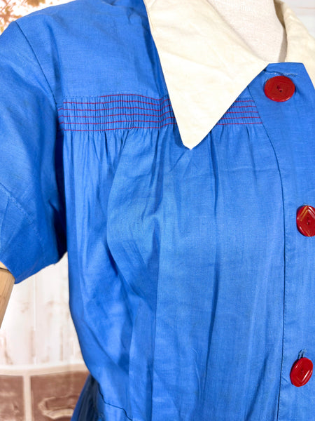 Vibrant Volup 1940s Cornflower Blue Day Dress with Ivory Collar