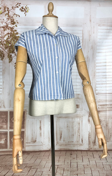 Wonderful Original 1940s Vintage Blue And White Striped Summer Blouse