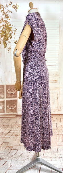 1940s Pink And Navy Blue Abstract Print Rayon Day Dress