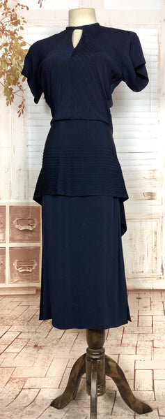 Amazing Original 1940s Vintage Navy Blue Peplum Dress With Incredible Pin Tuck Details