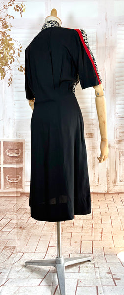 1940s Dress Suit – Scroll Print Jacket with Red Shoulder Stripe Dress