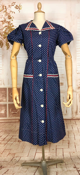 1940s Red White And Blue Spotted Day Dress