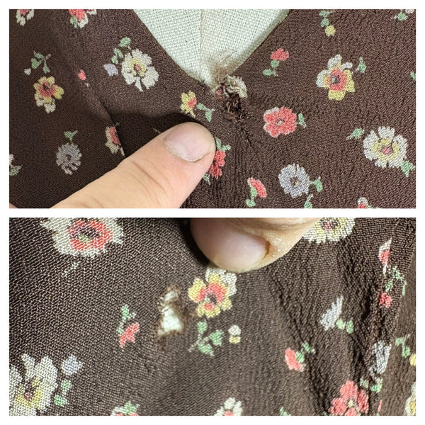 1930s Chocolate Brown Floral Crepe Dress with Pointed Cuffs