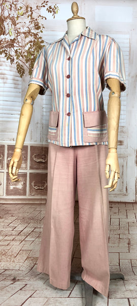 Super Rare Original Late 1930s / Early 1940s Volup Vintage Pink Candy Striped Denim Pant Suit By Edwin Blu Surf