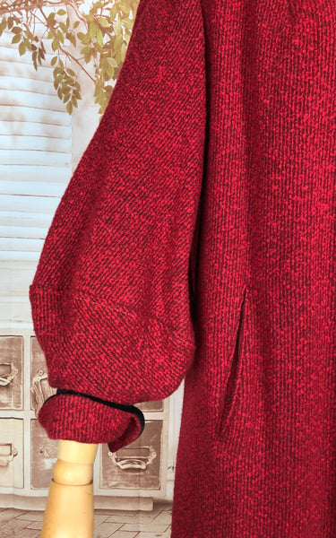 Exquisite Volup Lipstick Red 1940s Boucle Swing Coat With Huge Bishop Sleeves