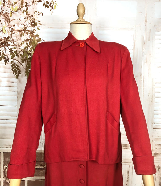 Exceptional Original 1940s Vintage Lipstick Red Swing Suit With Button Details