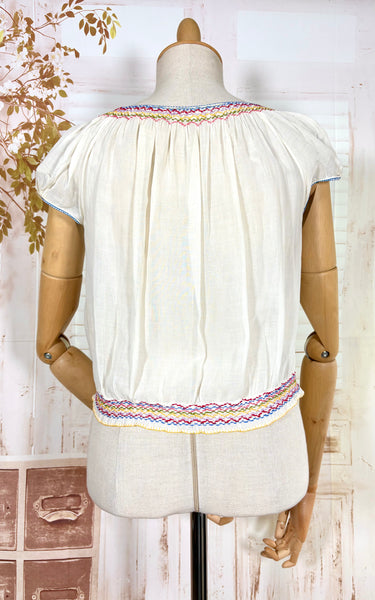 Rare 1930s Hungarian Embroidered Peasant Blouse – Hand Stitched Floral Cotton Top