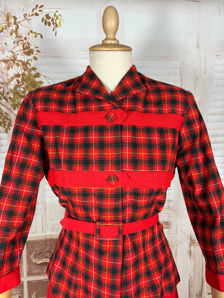 Fabulous 1940s Red And Black Plaid Skirt Suit