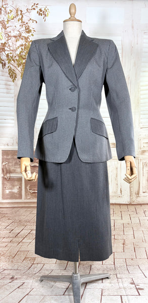 Sharply Tailored 1940s Grey Pinstripe Skirt Suit with Contrast Lapels