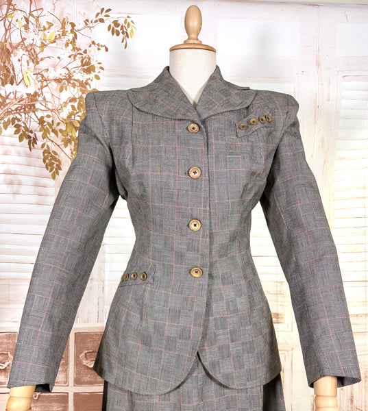 1940s Grey Checked Skirt Suit with Pink Overcheck & Button Detail