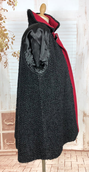 1940s Red Wool Swing Coat by Worth of Boston with Astrakhan Lining