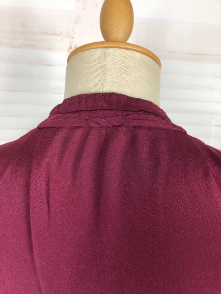 Rare Volup 1930s Burgundy Rayon Dress With Lace Accents And Bishop Sleeves