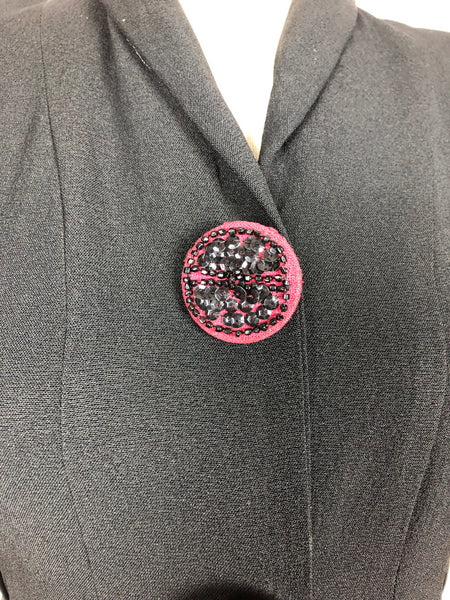 Amazing 1930s Long Line Skirt Suit With Fuchsia Pink Beaded Accents