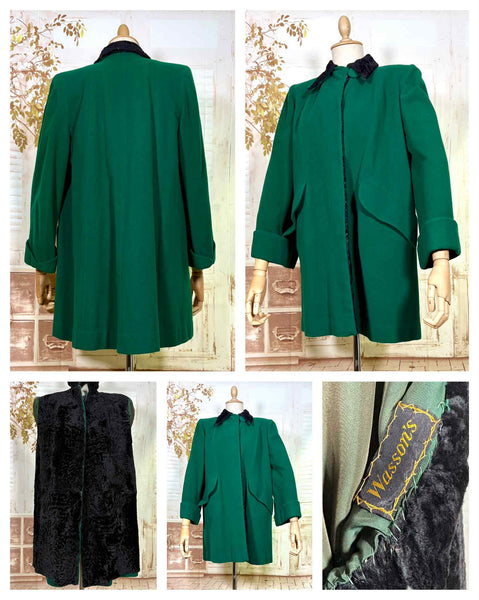 Incredible Emerald Green 1940s Coat With Astrakhan Lining
