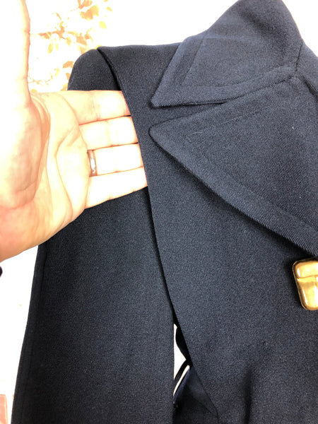 Exquisite Original 1940s Vintage Navy Blue Double Breasted Princess Coat With Huge Gold Statement Buttons