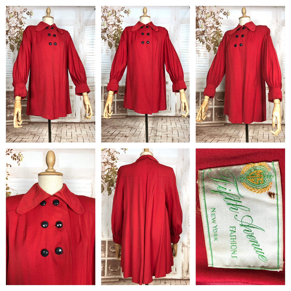 Fabulous Original 1940s Vintage Lipstick Red Gabardine Swing Coat