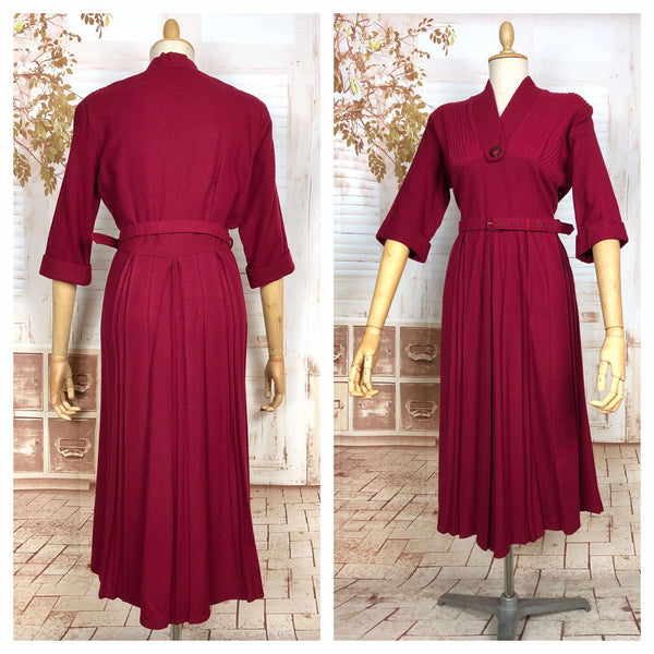 Beautiful Belted Red Late 1940s / Early 1950s Volup Dress With Pin Tuck Details