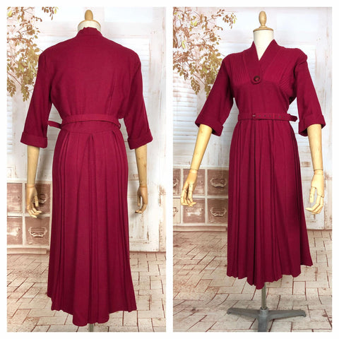 Beautiful Belted Red Late 1940s / Early 1950s Volup Dress With Pin Tuck Details