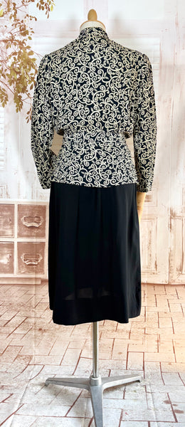1940s Dress Suit – Scroll Print Jacket with Red Shoulder Stripe Dress
