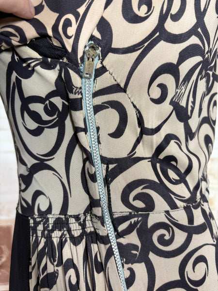 Fabulous 1930s Black And Cream Swirl Pattern Rayon Jersey Dress