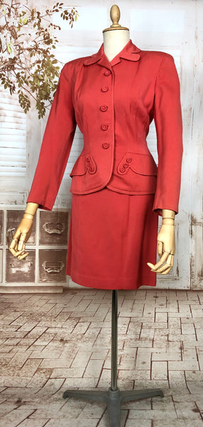 Incredible Original 1940s Vintage Coral Red Gabardine Skirt Suit By Jaunty Juniors