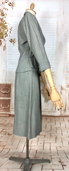 Stunning Grey 1940s Vintage Herringbone Skirt Suit With Statement Pockets By Cay Artley