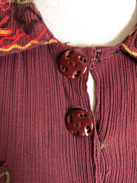 Amazing 1930s Burgundy Crepe Dress With Puff Sleeves And Colourful Crewel Embroidery