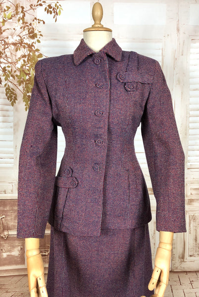 Stunning Original 1940s Vintage Red White And Blue Burgundy Micro Check Suit With Asymmetric Details