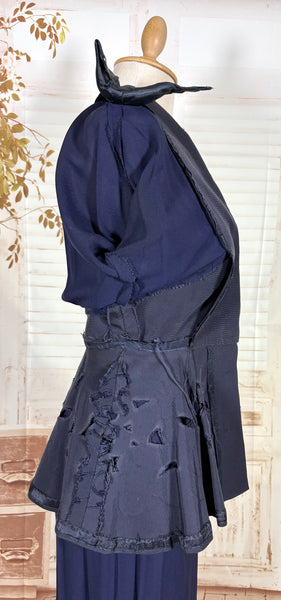 Exceptional 1940s Navy Blue Summer Suit With Pierced Peplum