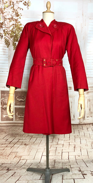 Exceptional Original 1940s Lipstick Red Coat By Gleneagles With Gold Studded Belt