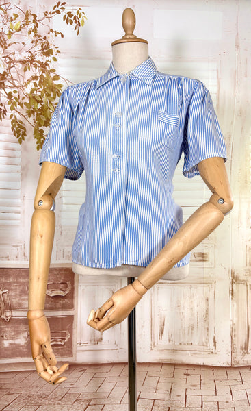 1940s Volup Blue & White Striped Blouse – Gathered Shoulders & Cross-Cut Patch Pocket