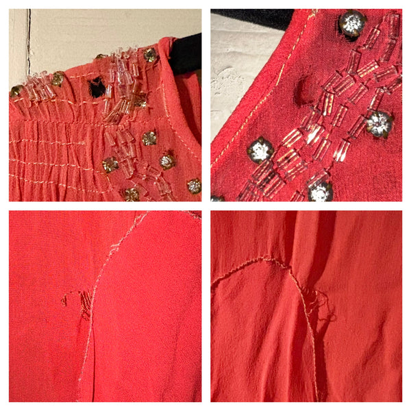 1920s Coral Silk Chiffon Beaded Flapper Dress