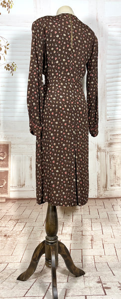 1930s Chocolate Brown Floral Crepe Dress with Pointed Cuffs
