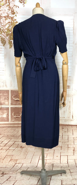 Rare 1930s Navy Blue Crepe Adjustable Maternity Wrap Dress By Blessed Event